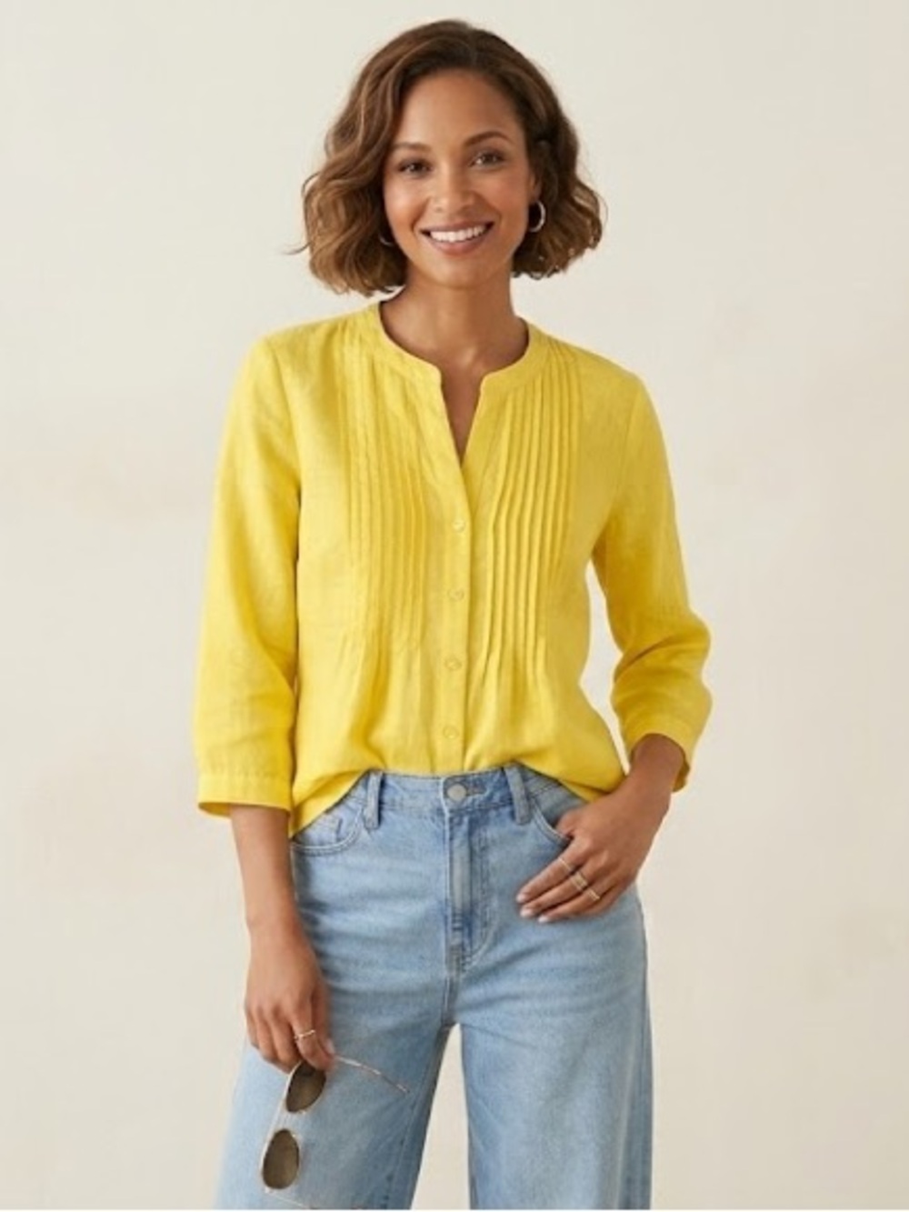 Coldwater Creek Yellow Linen Pintuck Top  | Size Petite Large